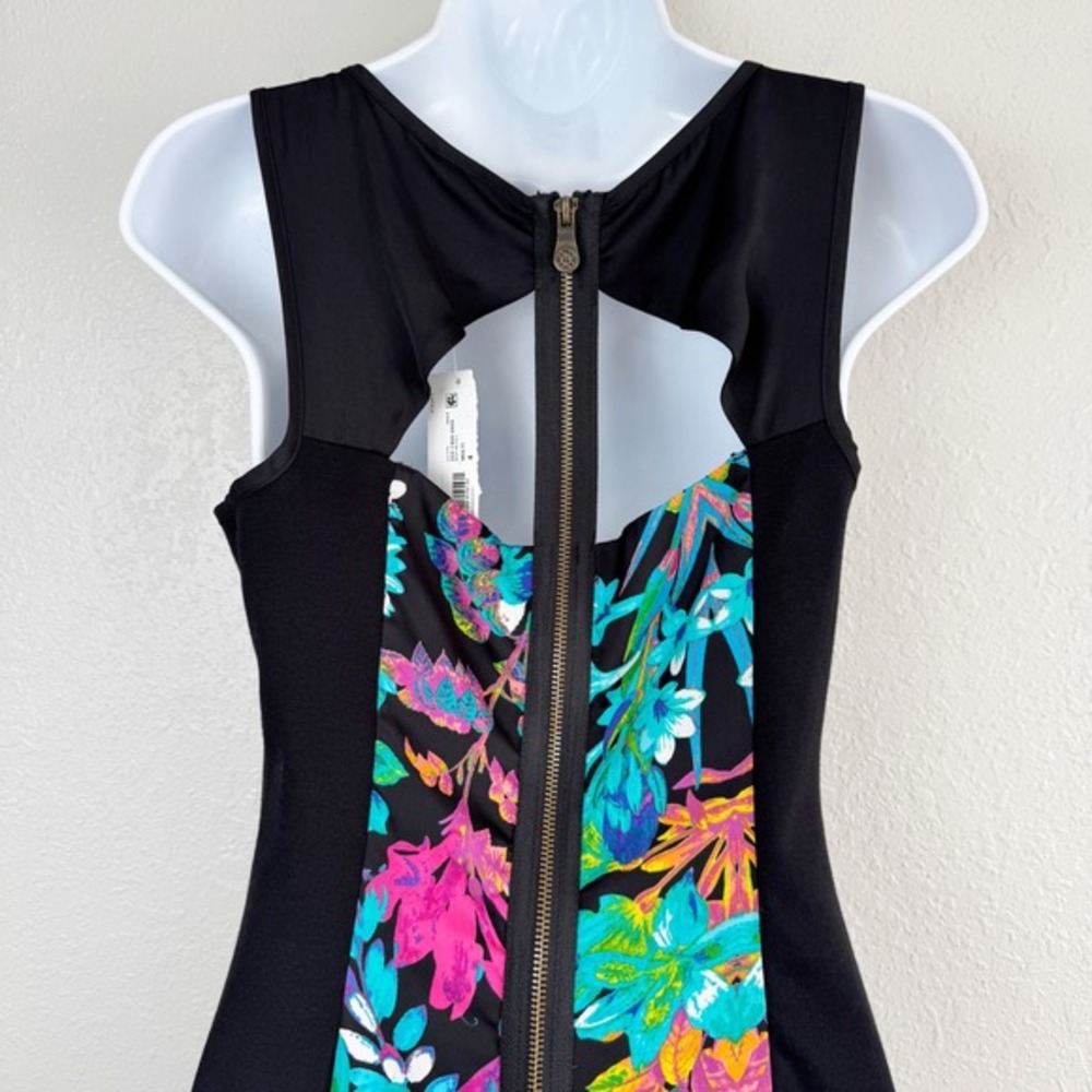 NWT Nicole by Nicole Miller Floral tropical Sheath Dress Black Cutout Back 4 - Picture 6 of 8